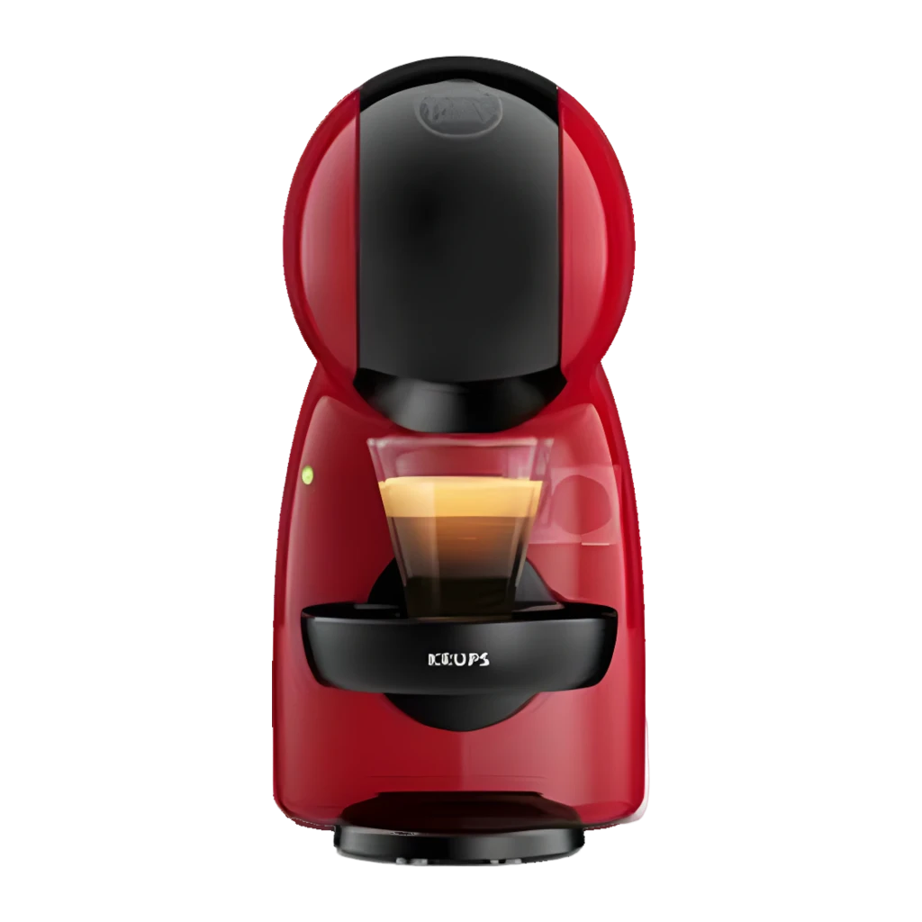 Krups Piccolo XS KP1A35 Dolce Gusto rouge noir, vue de face: machine avec verre de latte macchiato sur plateau noir - Ítem4