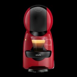 Krups Piccolo XS KP1A35 Dolce Gusto rouge noir, vue de face: tasse d'espresso sur plateau noir et corps bicolore