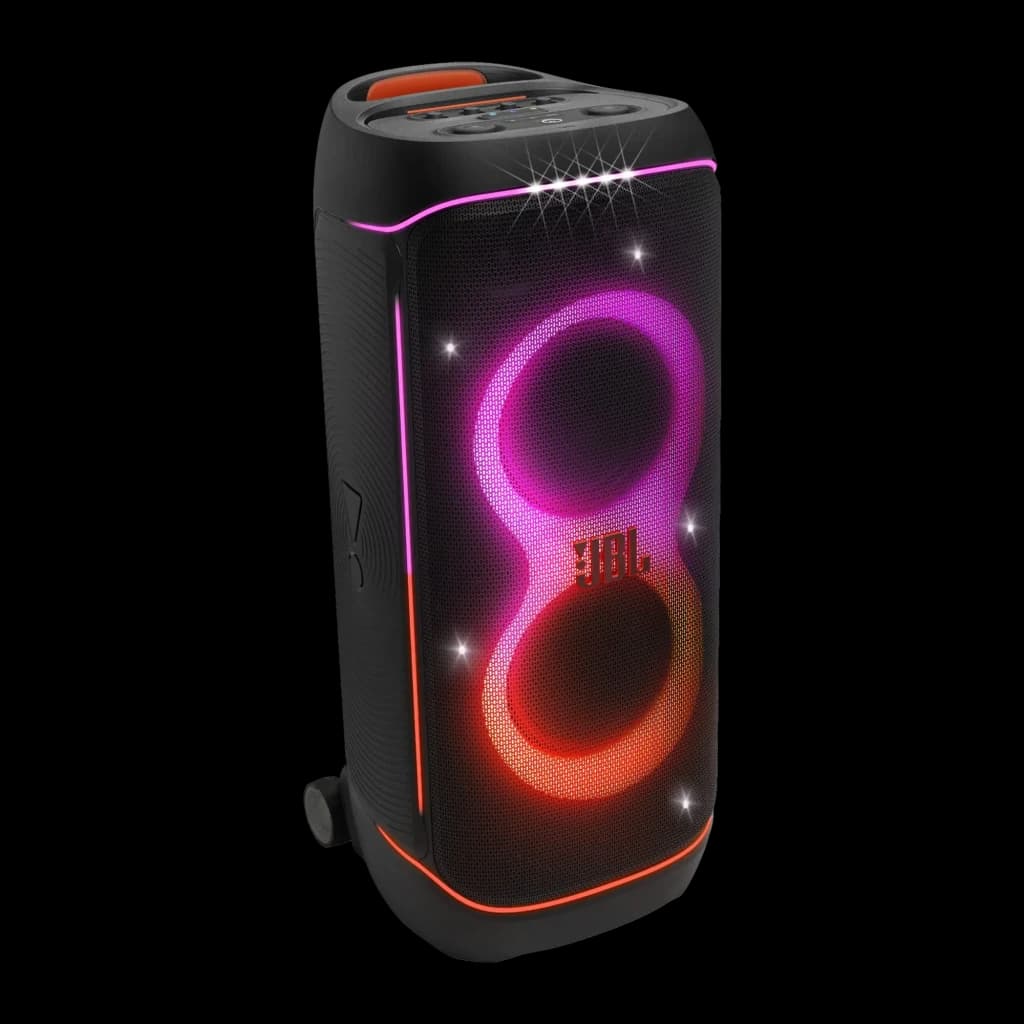 JBL PartyBox 720 800W noir, vue de face en angle: lumières LED rose et orange en forme de 8, roulettes et panneau de