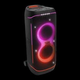 JBL PartyBox 720 800W noir, vue de face en angle: lumières LED rose et orange en forme de 8, roulettes et panneau de