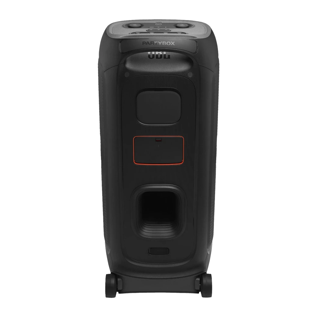 JBL PartyBox 720 800W preto, vista frontal em ângulo: luzes LED rosa e laranja em forma de 8, rodas e painel de controlo - Item1