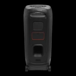 JBL PartyBox 720 800W noir, vue arrière: panneau arrière avec ports, couvercle rouge de batterie, bass port et roulettes