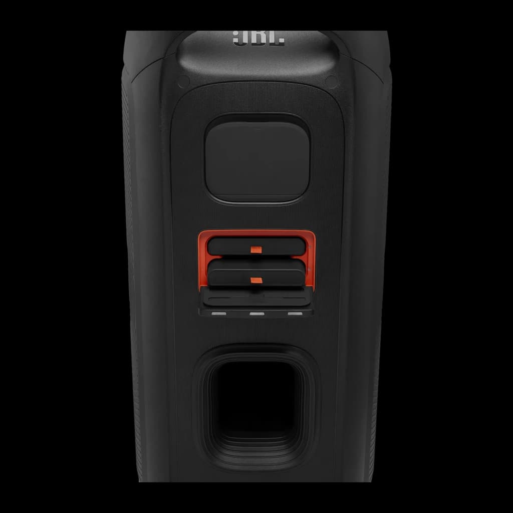 JBL PartyBox 720 800W noir, panneau arrière: ports de connexion avec cadres orange et évent bass reflex inférieur