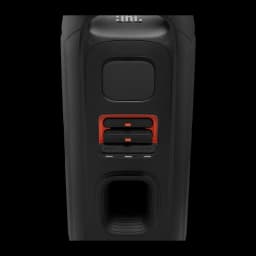 JBL PartyBox 720 800W noir, panneau arrière: ports de connexion avec cadres orange et évent bass reflex inférieur