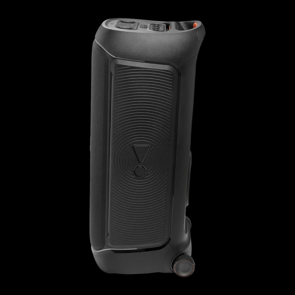 JBL PartyBox 720 800W noir, vue arrière: panneau avec logo en relief, roulette de transport et boutons supérieurs