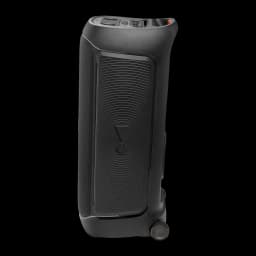 JBL PartyBox 720 800W noir, vue arrière: panneau avec logo en relief, roulette de transport et boutons supérieurs