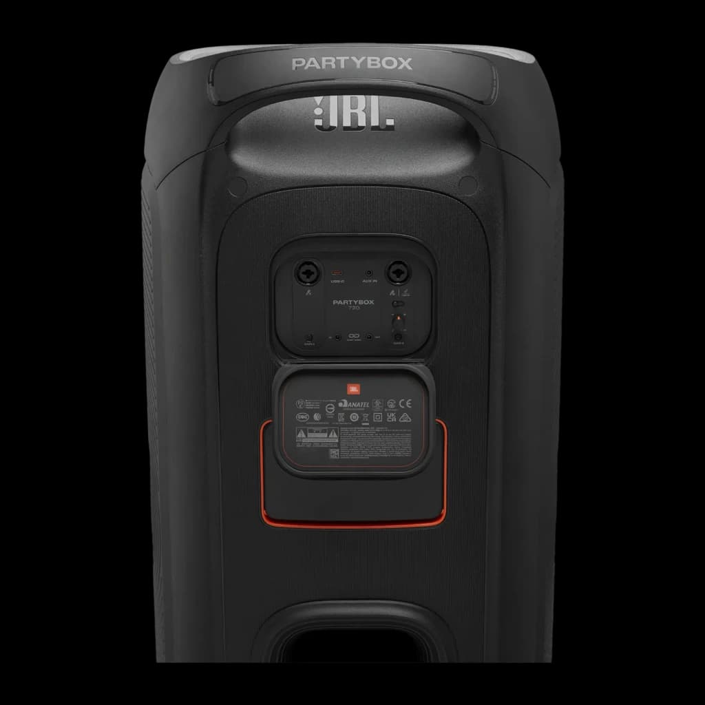 JBL PartyBox 720 800W noir, vue arrière: panneau de connexions, couvercle batterie avec bordure orange et logo JBL