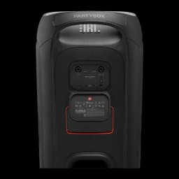 JBL PartyBox 720 800W noir, vue arrière: panneau de connexions, couvercle batterie avec bordure orange et logo JBL