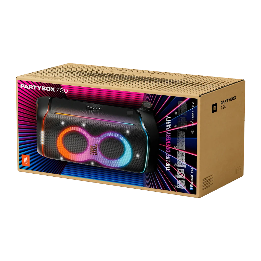 JBL PartyBox 720 800W preto, vista frontal em ângulo: luzes LED rosa e laranja em forma de 8, rodas e painel de controlo - Item6
