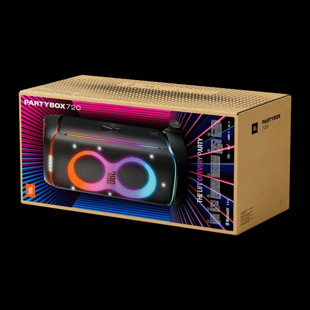 JBL PartyBox 720 800W Noir, boîte: emballage carton avec visuel de l'enceinte et éclairages LED multicolores