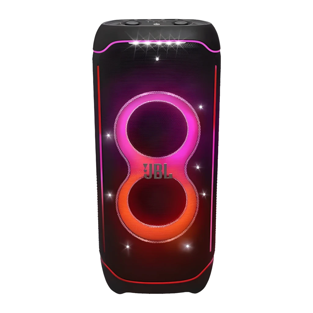 JBL PartyBox 720 800W preto, vista frontal em ângulo: luzes LED rosa e laranja em forma de 8, rodas e painel de controlo - Item7
