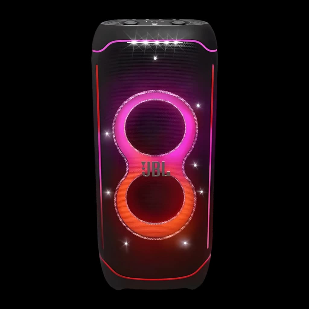 JBL PartyBox 720 800W noir, vue de face: lumières LED rose et orange illuminant la grille avec logo JBL