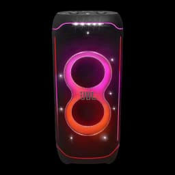 JBL PartyBox 720 800W noir, vue de face: lumières LED rose et orange illuminant la grille avec logo JBL