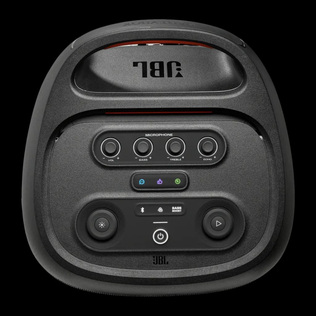 JBL PartyBox 720 800W noir, vue du dessus: poignée, boutons micro VOL BASS TREBLE ECHO et commandes