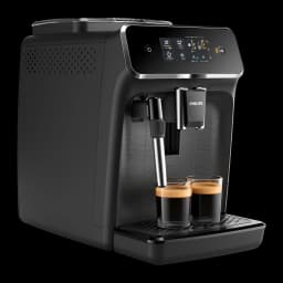 Philips Cafeteira EP2220/10 Série 2200 preto mate, vista lateral esquerda: grelha de ventilação, painel e dois copos sem