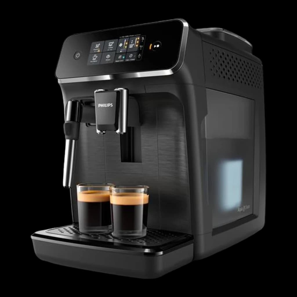 Philips Cafeteira EP2220/10 Série 2200 preto mate, vista frontal 3/4: painel tátil, vaporizador e dois expressos servidos