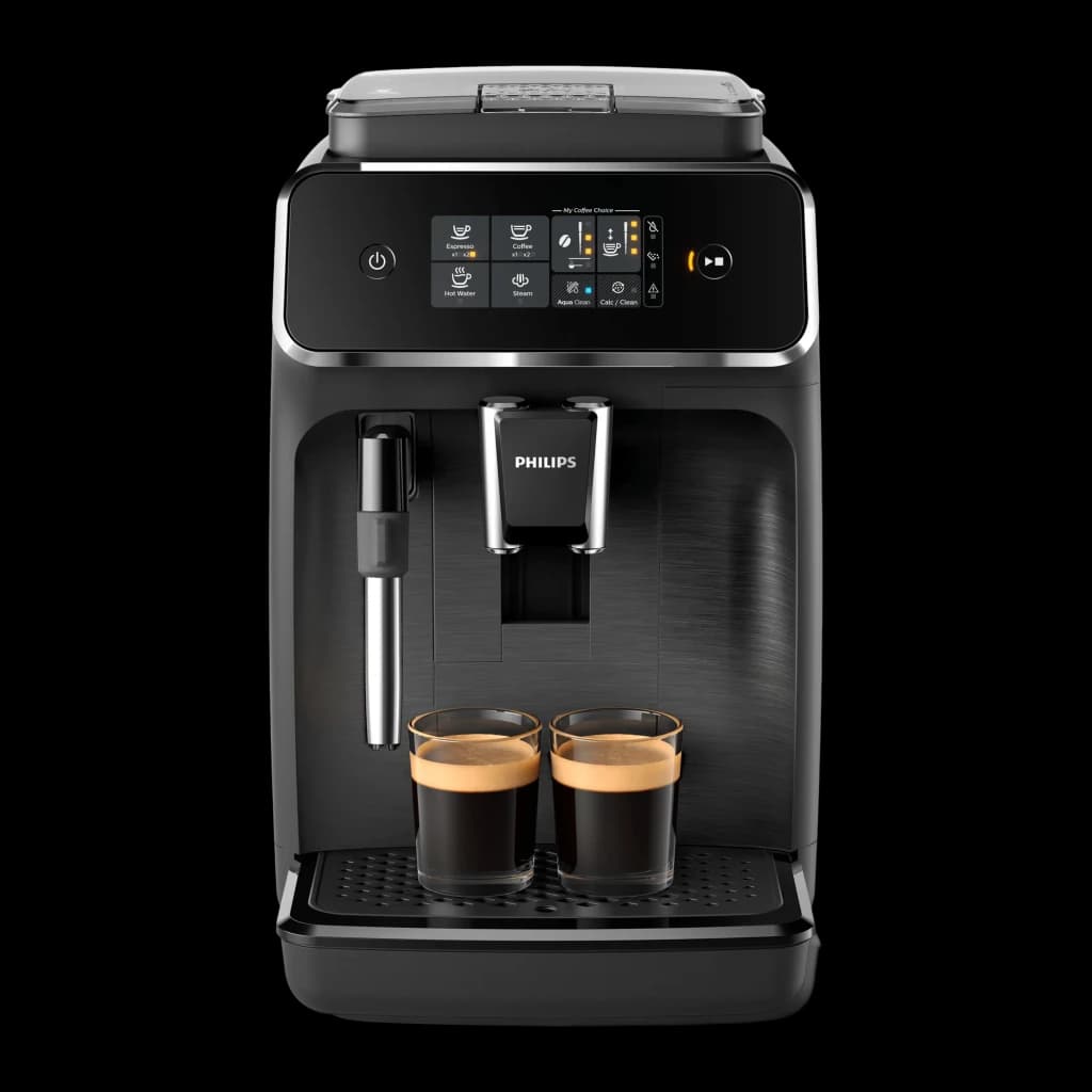 Philips Cafeteira EP2220/10 Série 2200 preto mate, vista frontal: painel tátil, vaporizador e duas chávenas de espresso