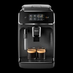 Philips Cafeteira EP2220/10 Série 2200 preto mate, vista frontal: painel tátil, vaporizador e duas chávenas de espresso