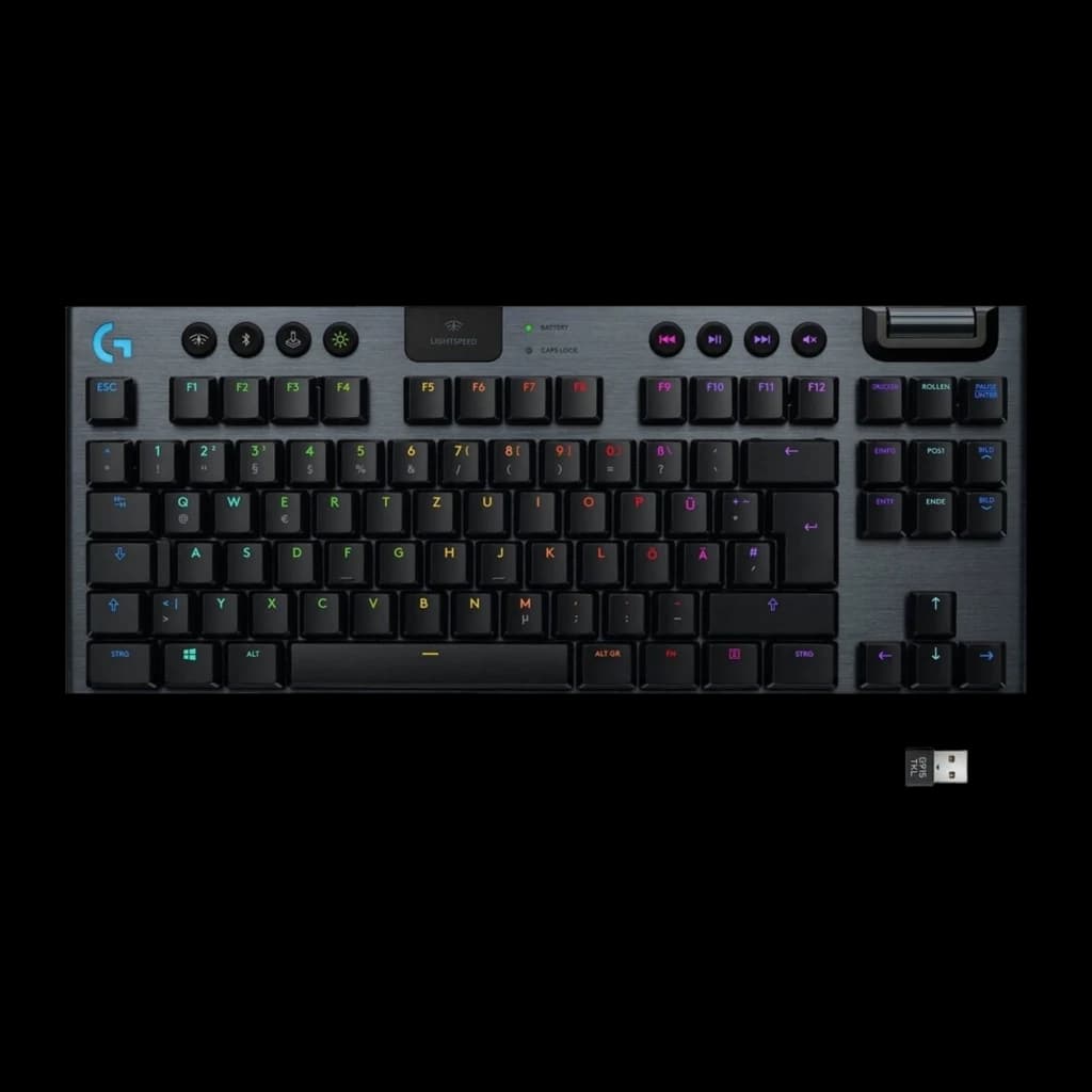Logitech Teclado G915 TKL Sem Fio Preto, vista superior: retroiluminação RGB LIGHTSYNC, layout QWERTZ e receptor USB incluído