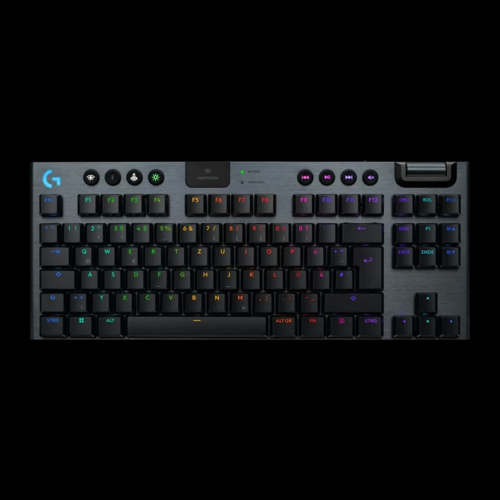 Logitech Teclado G915 TKL Sem Fio Preto, vista superior: retroiluminação RGB multicolor nas teclas QWERTZ e controles de