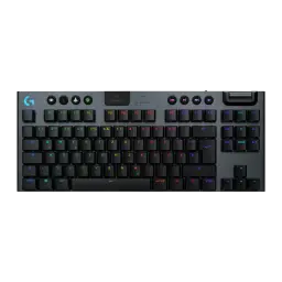 Logitech Teclado G915 TKL Sem Fio Preto, vista superior: retroiluminação RGB multicolor nas teclas QWERTZ e controles de