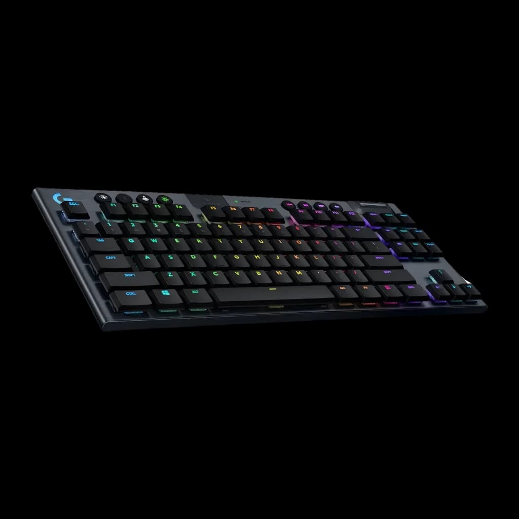 Logitech Teclado G915 TKL Preto, vista em perspectiva: retroiluminação RGB multicolor nas teclas QWERTZ, perfil ultrafino