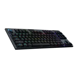 Logitech Teclado G915 TKL Preto, vista em perspectiva: retroiluminação RGB multicolor nas teclas QWERTZ, perfil ultrafino