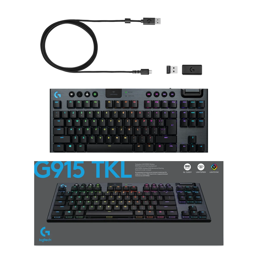Logitech Teclado G915 TKL Inalámbrico Negro, vista superior: retroiluminación RGB LIGHTSYNC, layout QWERTZ y receptor USB - Ítem4
