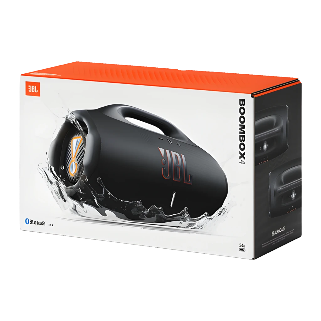 JBL Altifalante portátil Boombox 4 preto, vista frontal: grelha de tecido, logo JBL, pega e botões de controlo superiores - Item3