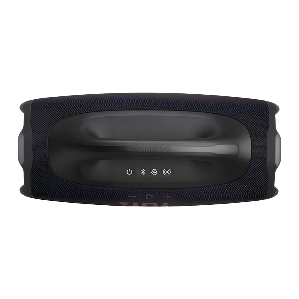 JBL Altifalante portátil Boombox 4 preto, vista frontal: grelha de tecido, logo JBL, pega e botões de controlo superiores - Item5