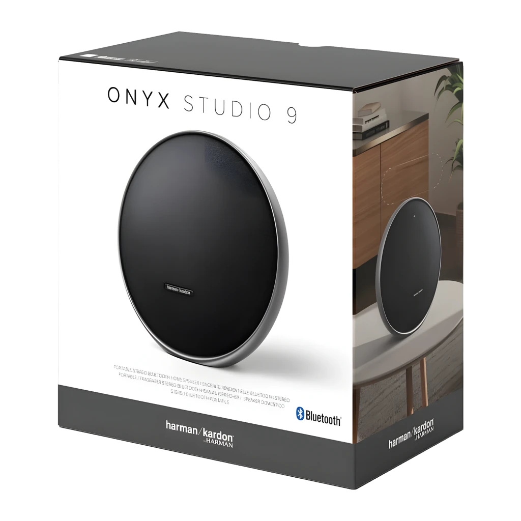 Harman Kardon Onyx Studio 9 negro, vista frontal en ángulo: rejilla de tela negra, marco plateado y logo harman/kardon - Ítem5