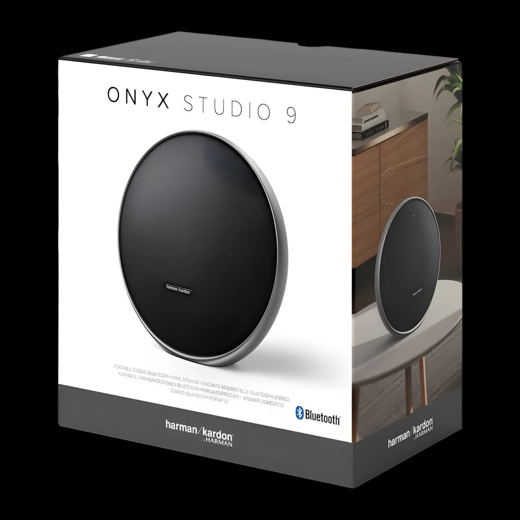 Harman Kardon Altavoz Bluetooth Onyx Studio 9 Negro, caja: packaging frontal con imagen del altavoz y logo Bluetooth