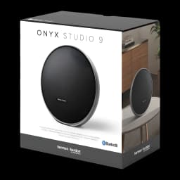 Harman Kardon Altavoz Bluetooth Onyx Studio 9 Negro, caja: packaging frontal con imagen del altavoz y logo Bluetooth