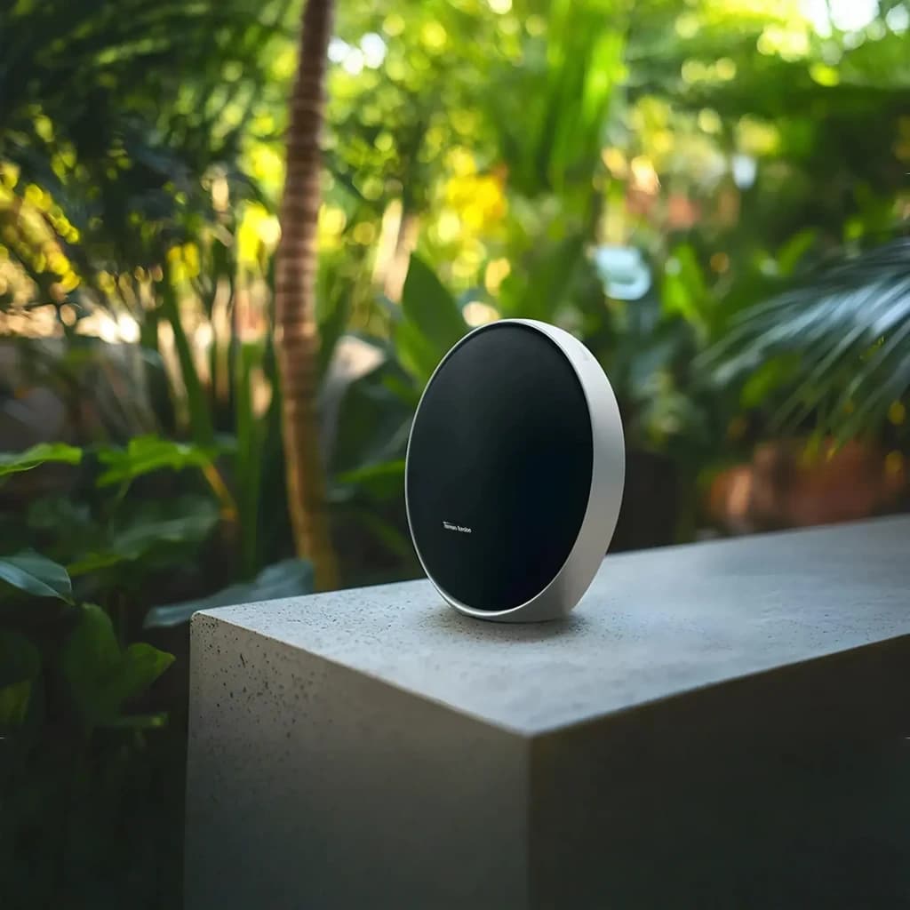 Harman Kardon Onyx Studio 9 negro, vista frontal: altavoz oval sobre superficie de hormigón con fondo de vegetación tropical