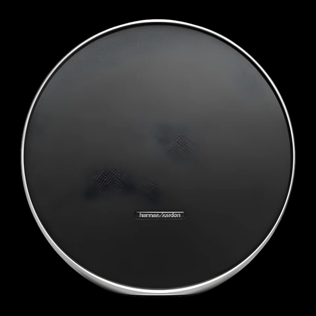 Harman Kardon Onyx Studio 9 negro, vista frontal: cubierta circular de cuero negro con aro plateado y logo central