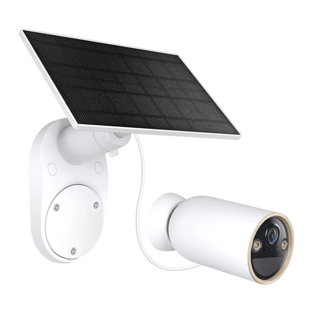 TP-Link Tapo C460 Kit Solar 512GB Branco, vista frontal lateral: câmera bullet com painel solar inclinado e suporte de parede - Item1