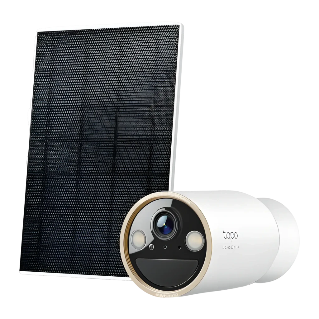TP-Link Tapo C460 Kit Solar 512GB Branco, vista frontal lateral: câmera bullet com painel solar inclinado e suporte de parede - Item3