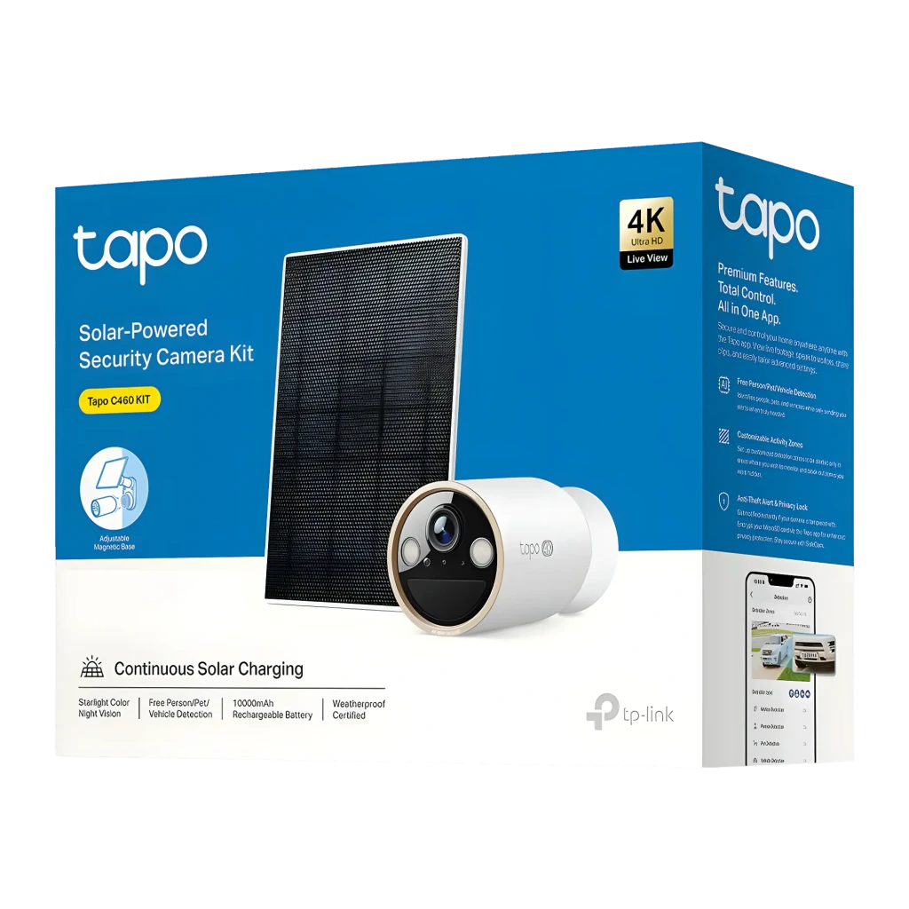 TP-Link Tapo C460 Kit Solar 512GB Branco, vista frontal lateral: câmera bullet com painel solar inclinado e suporte de parede - Item8