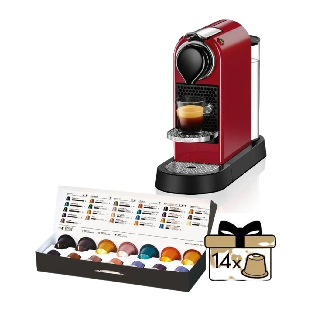 Krups Nespresso CitiZ XN7415 vermelho, vista lateral: cafeteira com xícara de espresso, alavanca cromada e grade frontal - Item2