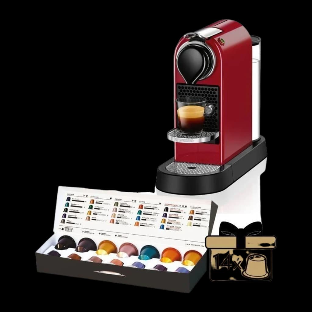 Krups Nespresso CitiZ XN7415 rouge, kit: machine à café avec tasse d'espresso et boîte de 14 capsules Nespresso assorties