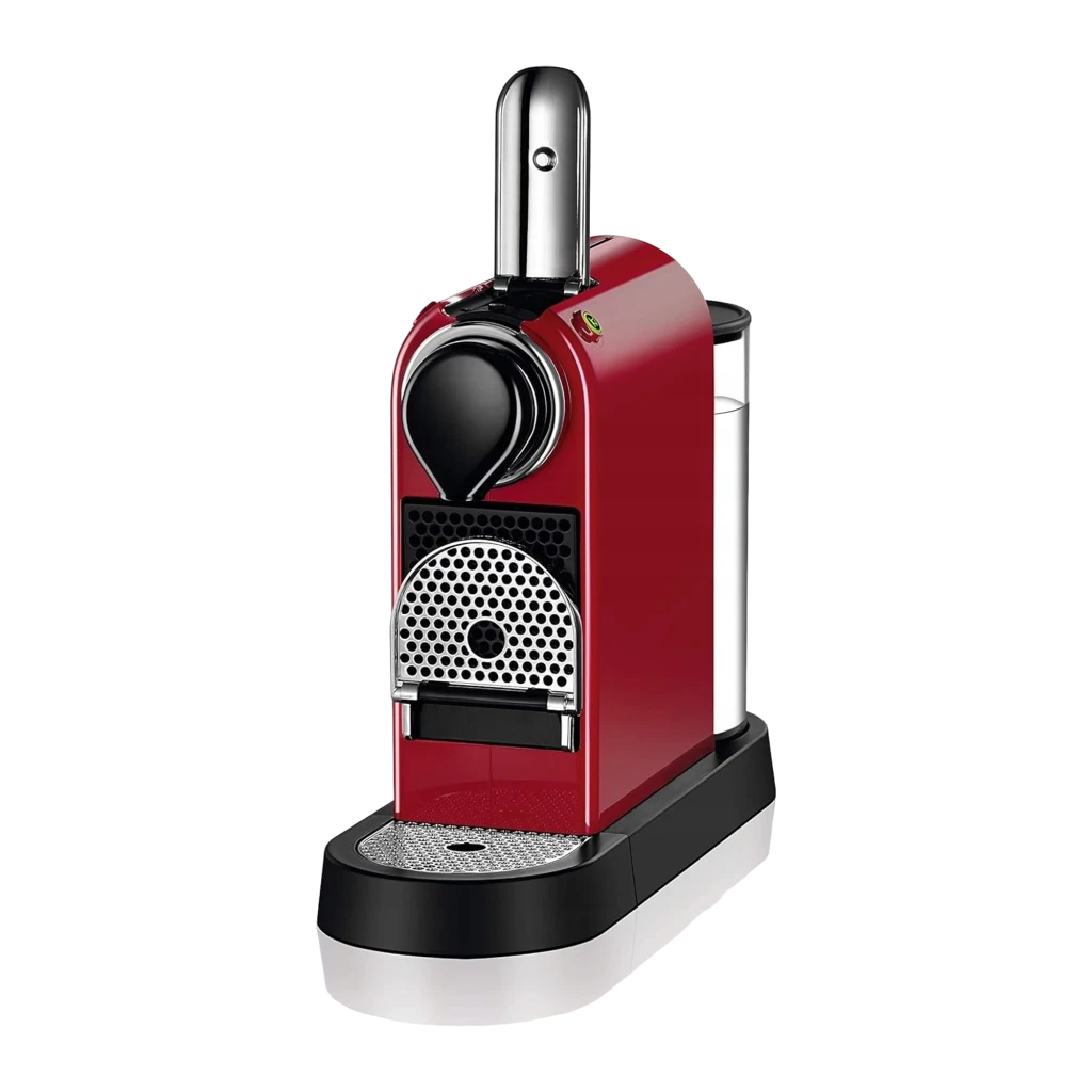Krups Nespresso CitiZ XN7415 vermelho, vista lateral: cafeteira com xícara de espresso, alavanca cromada e grade frontal - Item1