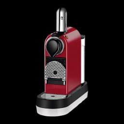 Krups Nespresso CitiZ XN7415 rouge, vue de face: levier chromé ouvert en haut, grille semi-circulaire et sans tasse