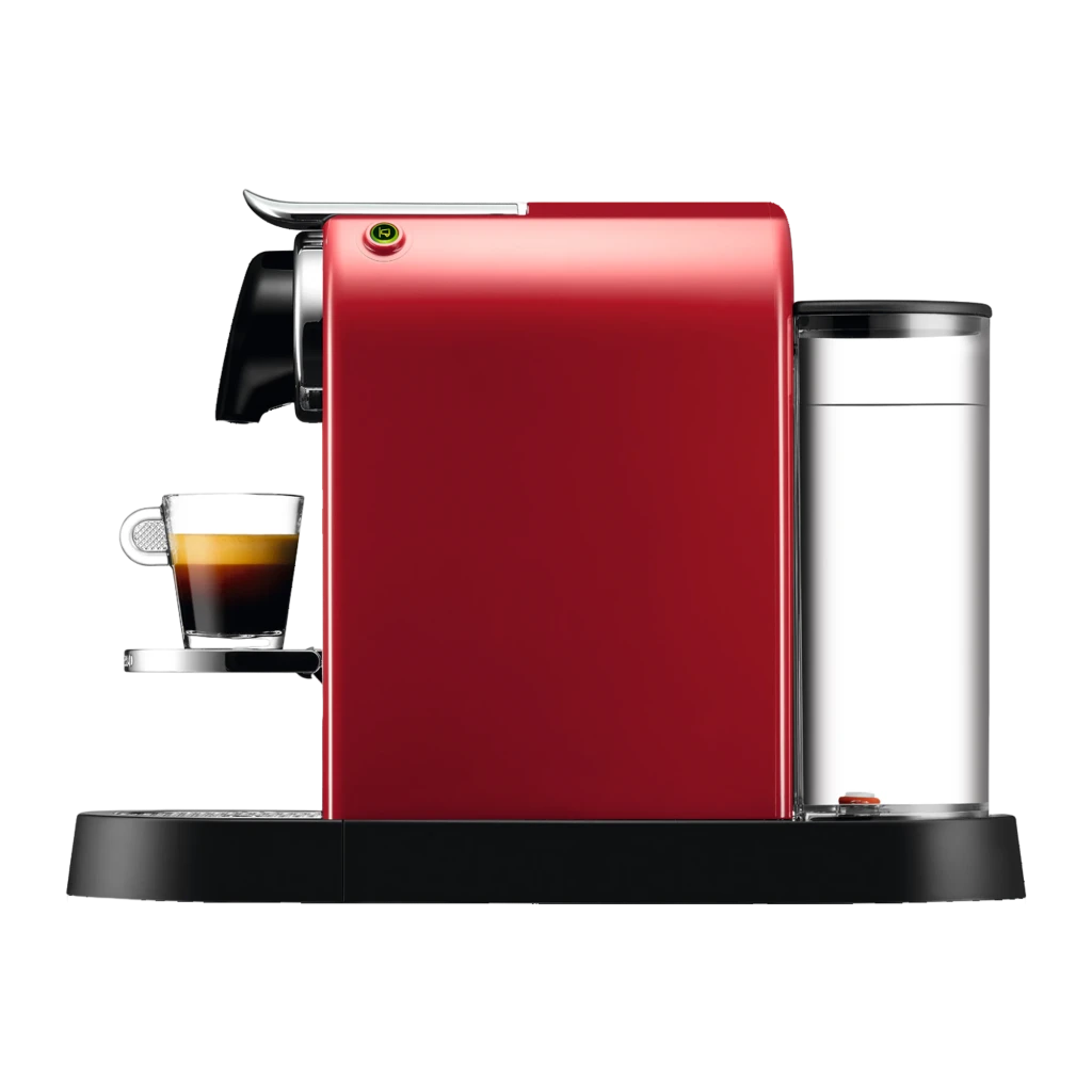 Krups Nespresso CitiZ XN7415 vermelho, vista lateral: cafeteira com xícara de espresso, alavanca cromada e grade frontal - Item5