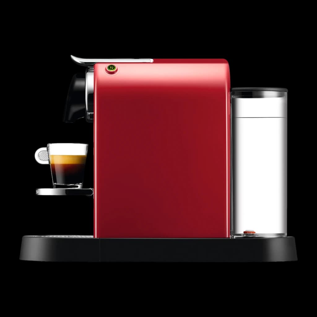 Krups Nespresso CitiZ XN7415 rouge, vue latérale: corps rouge, réservoir d'eau latéral et tasse d'espresso