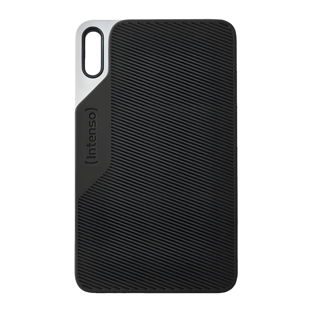 Intenso SSD Portátil TX100 1TB preto, vista frontal em ângulo: textura estriada, logo e porta USB-C lateral visível - Item1