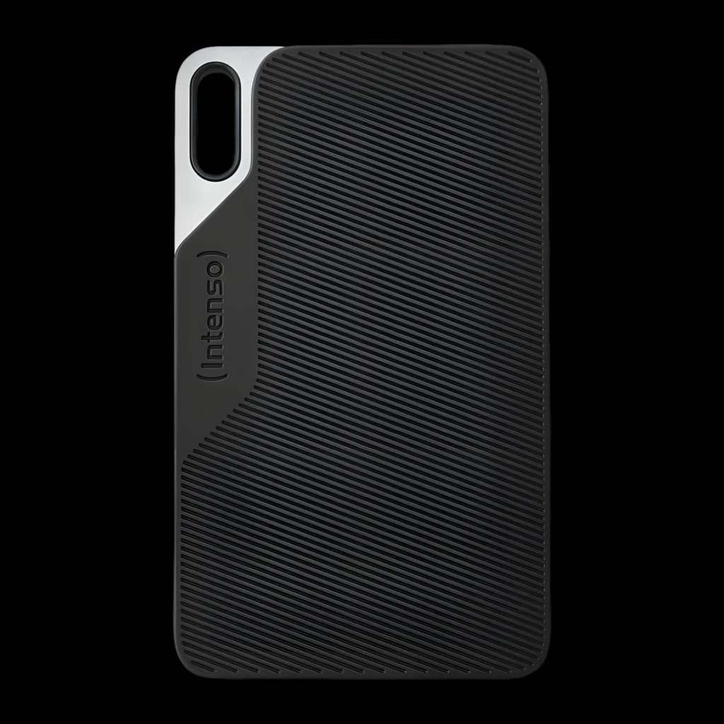 Intenso SSD Portable TX100 1TB Noir, vue arrière: texture striée noire, coin argenté avec port USB et logo Intenso