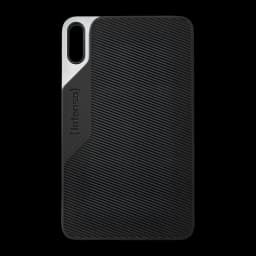 Intenso SSD Portable TX100 1TB Noir, vue arrière: texture striée noire, coin argenté avec port USB et logo Intenso