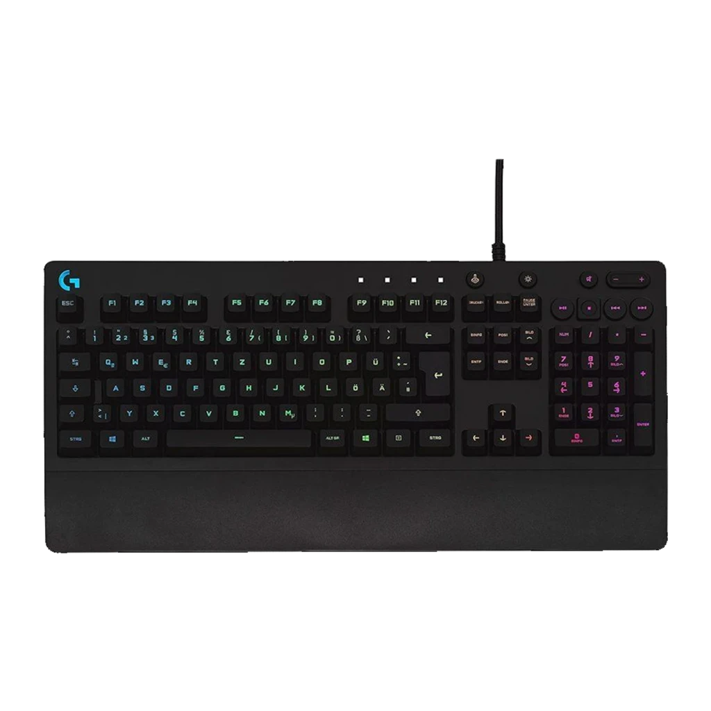 Logitech Teclado G213 Prodigy Gaming Negro, vista frontal en ángulo: retroiluminación RGB bicolor, reposamuñecas integrado y - Ítem1