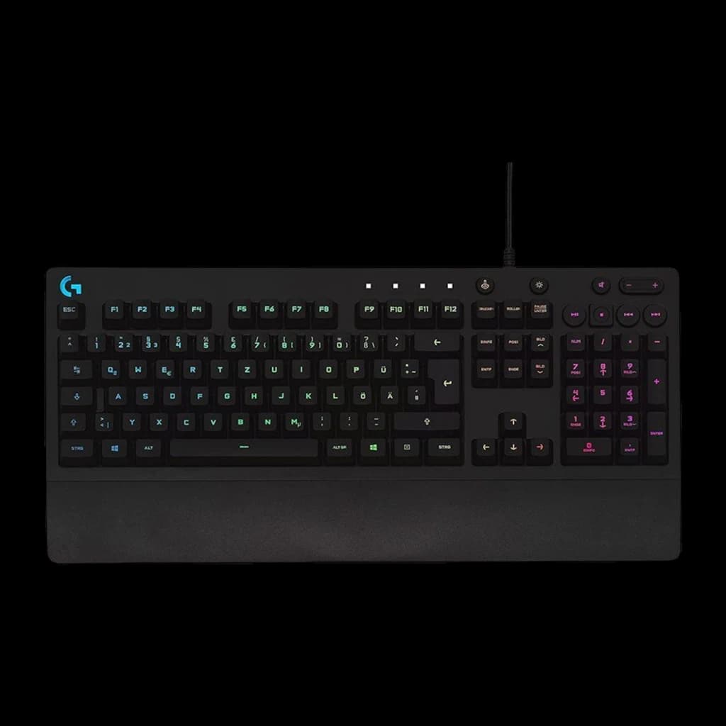 Logitech Teclado G213 Prodigy Gaming Negro, vista superior: retroiluminación RGB multicolor en teclas y reposamanos integrado