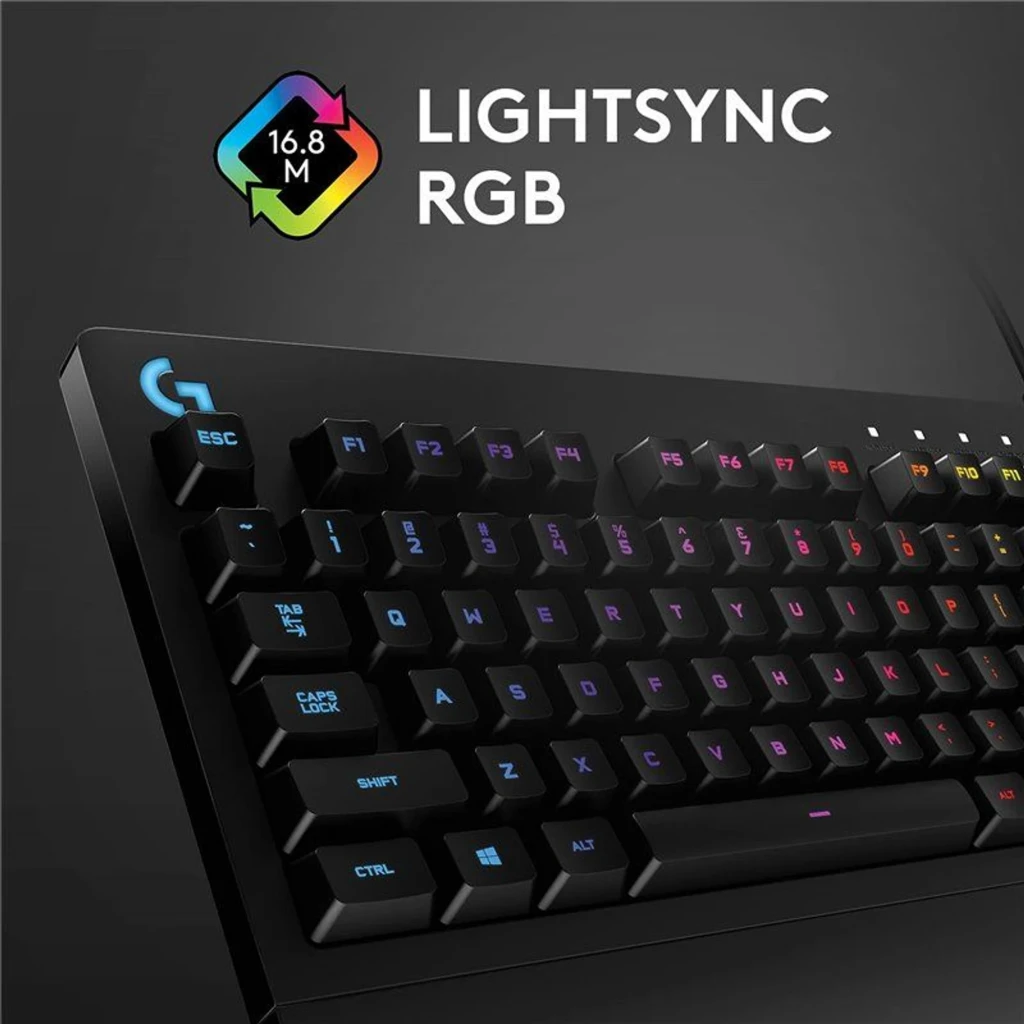 Logitech Teclado G213 Prodigy Gaming Negro, vista frontal en ángulo: retroiluminación RGB bicolor, reposamuñecas integrado y - Ítem2